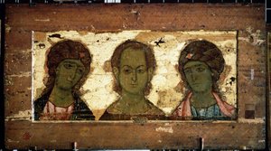 Mesih Emmanuel, Başmelekler Mikail ve Cebrail (Başmelekler Mikail ve Cebrail ile birlikte Mesih Emmanuel) ile çevrilidir. Rus ikonu, ahşap üzerine tempera, 12. yüzyılın sonları. Vladimir Sanatı (Rusya). Devlet Tretyakov Galerisi, Moskova (Rusya). by School Russian