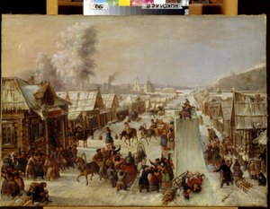Mardi Gras (Shrovetide). Ahşap evleri olan küçük bir kasabanın karla kaplı sokağında geleneksel şenliklerin ve popüler kutlamaların sahnesi. Bir kızak pisti düzenlendi ve bölge sakinleri içki içip birbirlerini mutlu bir şekilde selamladılar. anonim resim, by School Russian