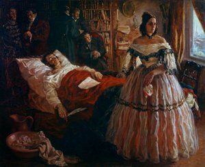 Rus şair Aleksandr Puşkin (Puşkin) (1799-1837), karısı Natalia Gontcharova (Goncharova) ve arkadaşları ile çevrili ölüm döşeğinde Rus okulunun Anonim tablosu. 1837 Hermitage Müzesi Sankt Petersburg
