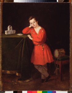 Masanın üzerinde bir iskambil evinin önünde kırmızı tunikli bir çocuk. Anonim resim, tuval üzerine yağlıboya, 1830 civarı. Rus sanatı by School Russian