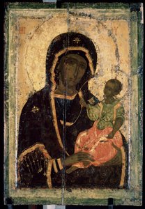 ""Bakire Hodegetria (Hodigitria)"" Rus simgesi. Ahşap üzerine boyama. 1360 dolaylarında. Devlet Tretyakov Galerisi, Moskova by School Russian