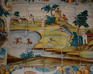 Azulejos çinileri, bir avcının geyiği vurduğunu tasvir ediyor (seramik) by School Spanish