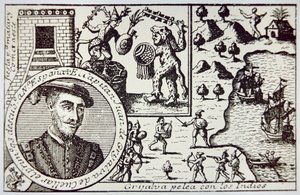 Juan de Grijalva komutasındaki İspanyollar Yucatan'a iner ve Maya savaşçılarıyla Champoton Savaşı'nda savaşırlar, Mayıs 1518 (litho)