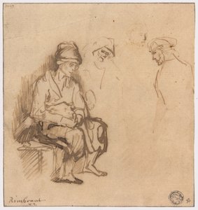Bankta Oturan Kadın ve Üç Kafa Çizimi by School of Rembrandt van Rijn