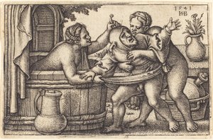 Palyaço ve iki kadın banyo by Sebald Beham