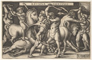 Herkül, sopasıyla merkezde bir centaurla savaşırken, diğer adamlar centaurlarla savaşmak için soldan bir..., 1542.