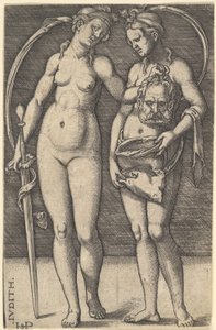 Judith sağda duruyor ve sağ elinde Holofernes