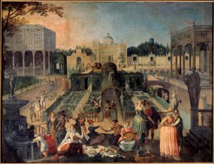 Mantua Dükü Piknik parkında bir parti, müzik, Gonzaga Dükü (Gonzaga) sarayının bahçelerinde yiğit sahneler. Sebastien Vrancx