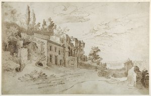Kalıntılar arasında uzak bir Roma manzarasına sahip evler (kağıt üzerinde yıkamalı kalem ve mürekkep) by Sebastian Vrancx