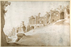 Palatine Harabeleri: Domus Augustanus ve Septimius Severus Sarayı (beyaz kağıt üzerinde kahverengi yıkama ve siyah tebeşir ile kalem ve kahverengi mürekkep) by Sebastian Vrancx