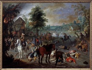 Bir köyde yağmalama sahnesi Sebastien Vrancx (1573-1647) (ec.flam.) tablosu 17. yüzyıl Nimes, Güzel Sanatlar Müzesi