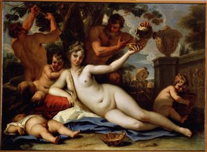 Bacchante et satirler (Bacchante ve Satyrs). Satirler asmadaki üzümleri toplar ve uzanmış çıplak bir kadın olan bacchante