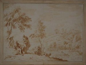 Hill-town ile Geniş Pastoral Manzara, c.1720 (kahverengi mürekkep ve yıkama) by Sebastiano Ricci