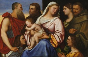 Azizler ve Bağışçılar ile Madonna ve Çocuk. by Sebastiano del Piombo