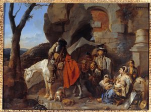 Eskiden Halte de bohemiens olarak adlandırılan askerlerin durdurulması, Sebastien Bourdon (1616-1671) tarafından 17. yüzyıl Güneşi tablosu. 0,43x0,58 m by Sébastien Bourdon
