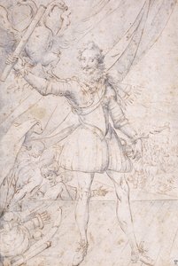 Kral Henry IV, tam boy, Osmanlı Silahlarının Ayaklarında Bir Kupa, Kartalın Önünde Parşömen Kaldırma (siyah tebeşir, tükenmez kalem ve mavi yıkamalı kahverengi mürekkep) by Second School of Fountainebleau