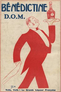 Sindirim (likör) reklamı “” Benedictine”” (D.O.M.) Bir kahveci tepside bir şişe taşır. Sem