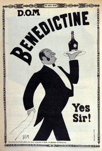 Sindirim için reklam “” Benedictine”” Bir kahve çocuğu tepsiye bir şişe takıyor. Sem