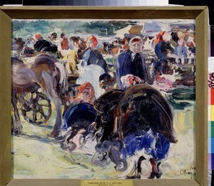 Bir fuar (Bir Fuar). Köylü kadınlar ve tüccarlar ile taşra pazar yeri. Semyon Gavrilovich Nikiforov