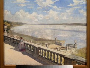 Güneşli Bir Gün, Korkulukta Bir Kadın - Tablo Sergei Arsenyevich Vinogradov (1869-1938), tuval üzerine yağlı boya by Sergei Arsenevich Vinogradov