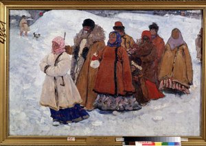 Bir aile. Karda paltolarla yürüyen bir Rus ailesi. Sergei Vasilyevich Ivanov
