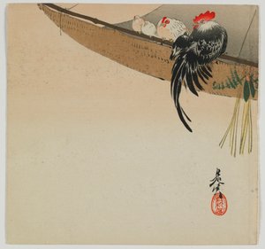 Yelkende tüneyen tavuklar, Meiji dönemi, 19. yüzyıl sonu (renkli tahta baskı)