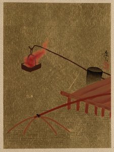 Ateş Sepeti Rıhtımdan Suda Bir Balık Ağı Üzerinden Asıldı. by Shibata Zeshin