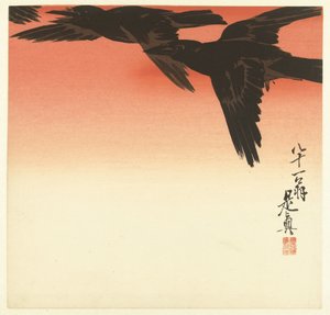 Kızıl bir gökyüzüne karşı kargalar by Shibata Zeshin