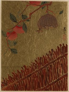 Bir Çitin Üzerinde Hurma Dalı ve Yaban Arısı Yuvası. by Shibata Zeshin