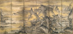Japonca: 『式部輝忠筆 四季山水図屏風 室町時代 』 Dört mevsimin manzarası, bir çiftten biri by Shikibu Terutada