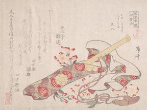 Shakuhachi, bir tür bambu flüt, kapağı ve kiraz çiçekleri ile, 19. yüzyıl., 19. yüzyıl