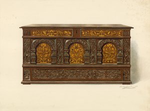 Oak Inlaid Chest, property of Arthur James (chromolitho) by Shirley Charles Llewellyn Slocombe
