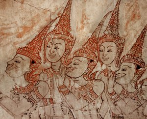 Geç Ayutthaya döneminden kalma gök tanrılarını gösteren duvar resimlerinin detayı (taş üzerine boya)
