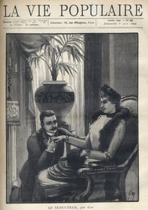 Bir adam dizlerinin üzerinde zarif bir kadının elini tutuyor, burjuva bir oturma odasında oturuyor, paltosu, kolu ve kürklü bir atkı takıyor. Le Seducteur par Gyp (Sibylle Gabrielle Marie Antoinette Riquetti de Mirabeau, Martel d Kontesi) için çizim