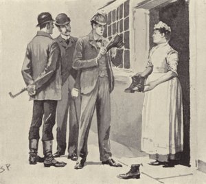 Hizmetçi bize botları gösterdi: Arthur Conan Doyle'un Sherlock Holmes hikayesi The Boscombe Valley Mystery'den bir sahne (litho) by Sidney Paget