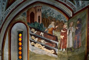 Ölülerin yaşayanlarla buluşması Siena okulunun bir freskinin detayı. 14. yüzyıl. Saint Benoit Manastırı (Sacro Speco), Merdiven, Subiaco (Roma), İtalya