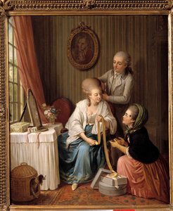 Kurdele tüccarı Evde saç takan genç bir kadın, yüzünde modaya uygun bir sinek taşıyan tüccarla konuşuyor. Sigmund Freudenberg (1745-1801) tarafından tablo 18. yüzyıl Paris, Musee de Cognacq Jay