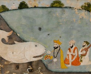 Bala, Mardana ve büyük balık ile Guru Nanak (Matsyavatara