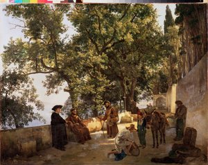 Sahilde, Sorrento yakınlarında bir teras (Sorrento, İtalya) (Konuşan Capuchin rahipleri ve eşeğini küçük fıçılarla yükleyen bir adam) - Deniz Kıyısında Bir Teras, Sorrento yakınlarındaki Cappuccini - Resim Sylvester Feodosiyevich Shchedrin (Sylv) by Silvestr Fedosievich Shchedrin