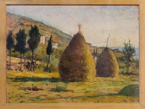 Güneşte Saman Yığınları, 1890 dolayları (gemideki petrol) by Silvestro Lega