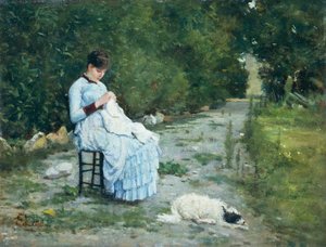 Bahçede, Silvestro Lega (1826-1895), pano üzeri yağlı boya, 29x38 cm by Silvestro Lega