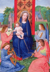 Örn 2125 f.157v Madonna ve Çocuk, enstrüman çalan melekler, Hours of Ghistelles