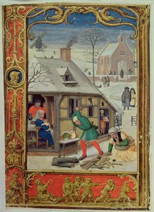 Ekle 24098 f.18v Ocak: Bir Saatler Kitabından veya Golf Kitabından doğrama kütükleri ve kızak, c.1520-30 (parşömen)