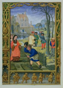 Ekle 24098 f.20v Mart: Bir Saatler Kitabından veya Golf Kitabından bahçecilik ve ağaç devirme, c.1520-30 (parşömen)