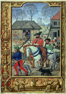 Ekle 24098 f.28v Kasım: Avdan dönüş, bir Saatler Kitabı veya Golf Kitabı, c.1520-30 (parşömen)