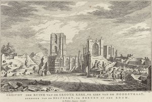 Bergen op Zoom'daki Grote Kerk Harabeleri, 1748 Bergen op den Zoom'daki Bospoort'tan gelen Hoogstraat'tan görülen Groote Kerk kalıntılarının görünümü (nesne üzerindeki başlık) Kuşatma ve Bergen op Z'nin yok edilmesi