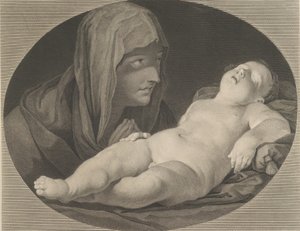 Bakire dua ederken, oval bir çerçeve içinde uyuyan bebek İsa