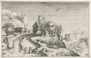 Bir dağ manzarası içinde köy Farklı manzaralar (dizi başlığı) Topographia variarum Regionum (dizi başlığı) by Simon Frisius (attributed to)