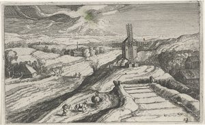 Bir yel değirmeni ile tepelik manzara Farklı manzaralar (dizi başlığı) Topographia variarum Regionum (dizi başlığı) by Simon Frisius (attributed to)