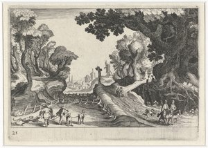 Bir yol boyunca bir haç ile orman manzarası Güney Avrupa manzaraları (dizi başlığı) Topographia variarum Regionum (dizi başlığı) by Simon Frisius